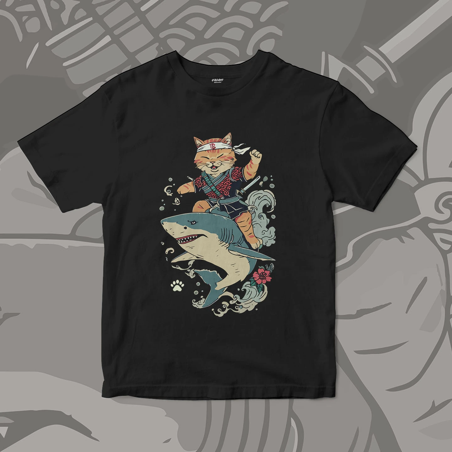 Samurai Cat Shark Ride | Unisex Jersey Short Sleeve Tee - Image 3