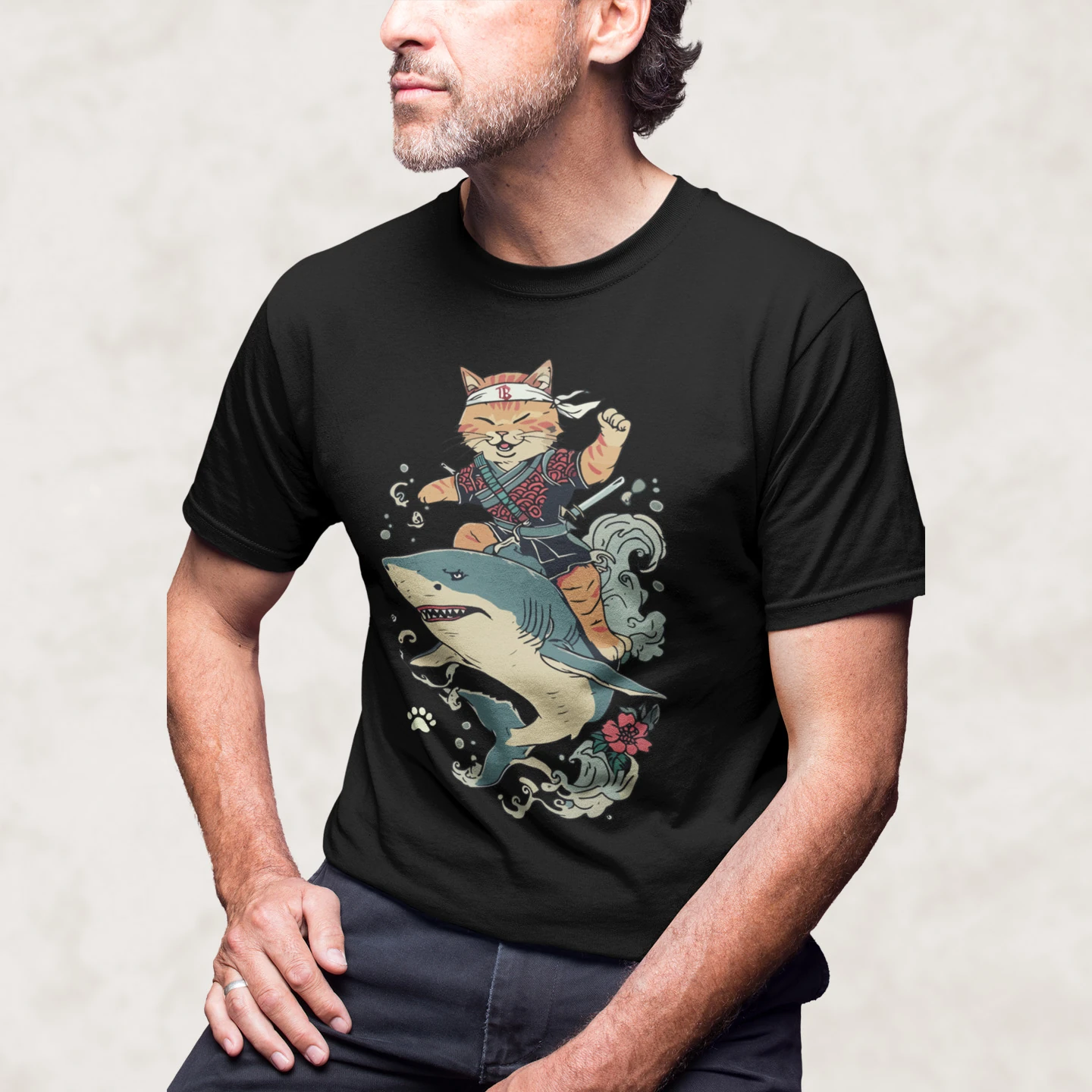 Samurai Cat Shark Ride | Unisex Jersey Short Sleeve Tee - Image 2